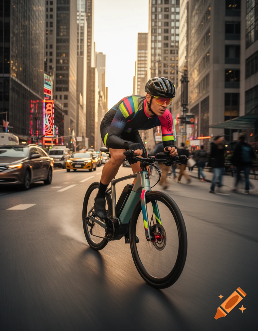 Man in a colorful cycling suit rides an e-bike on a dynamic city street with blurred cars and buildings.