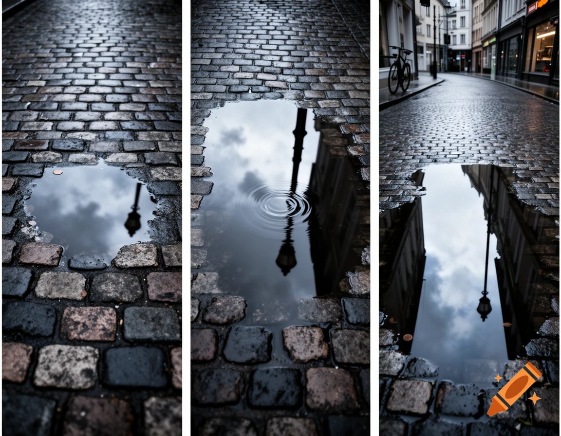 Three vertical panels show cobblestone street puddles reflecting sky, street lamps, and buildings in increasing size.