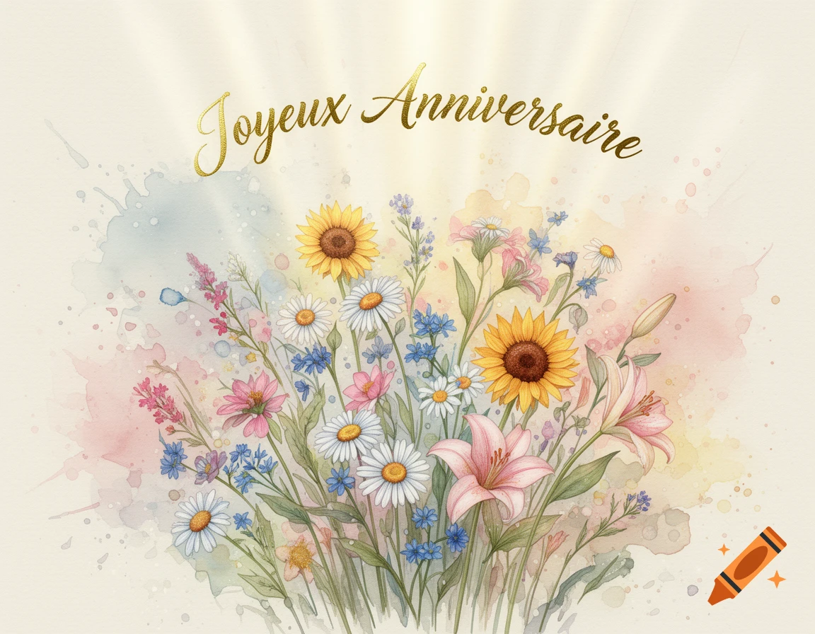 Watercolor illustration of a vibrant bouquet of wildflowers including sunflowers, daisies, and lilies, with "Joyeux Anniversaire" in gold text at the top.