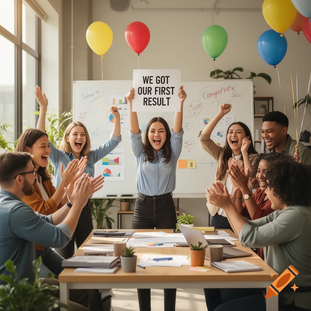 A diverse group of employees in an office celebrates, clapping as one holds a sign saying 'WE GOT OUR FIRST RESULT' with balloons.