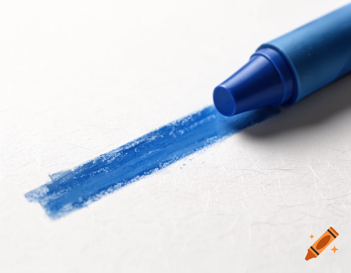 A blue crayon making a thick blue stroke on a white paper surface.