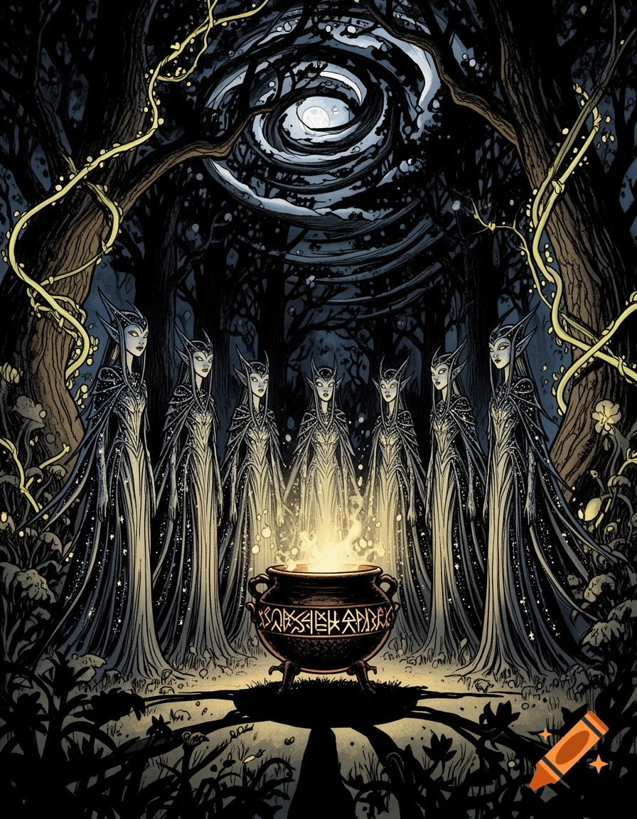 Seven slender, dark-haired elves in long, flowing robes stand around a glowing cauldron in a dark, stylized forest under a spiral moon, in Mike Mignola's comic art style.
