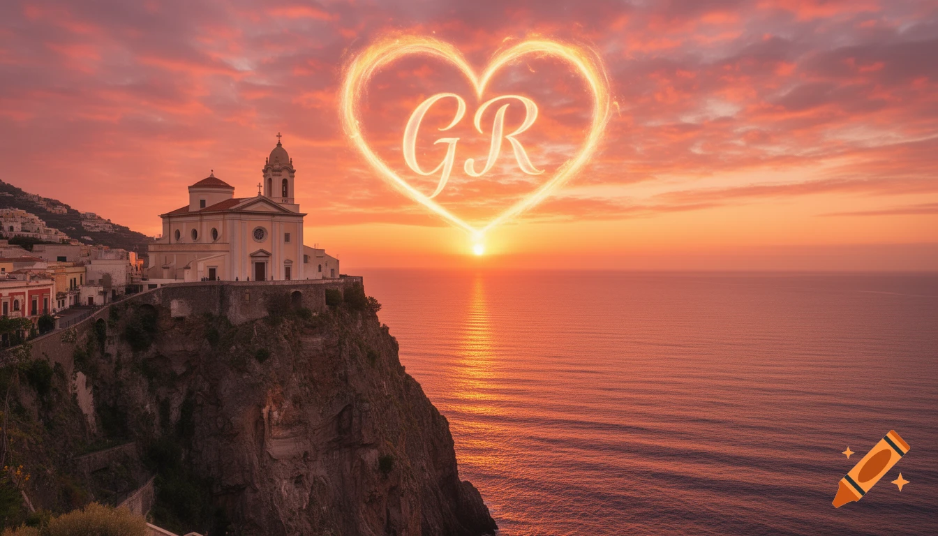 Spectacular sunset over a church on a cliff overlooking the sea, with a glowing heart containing the initials 'GR' in the sky.