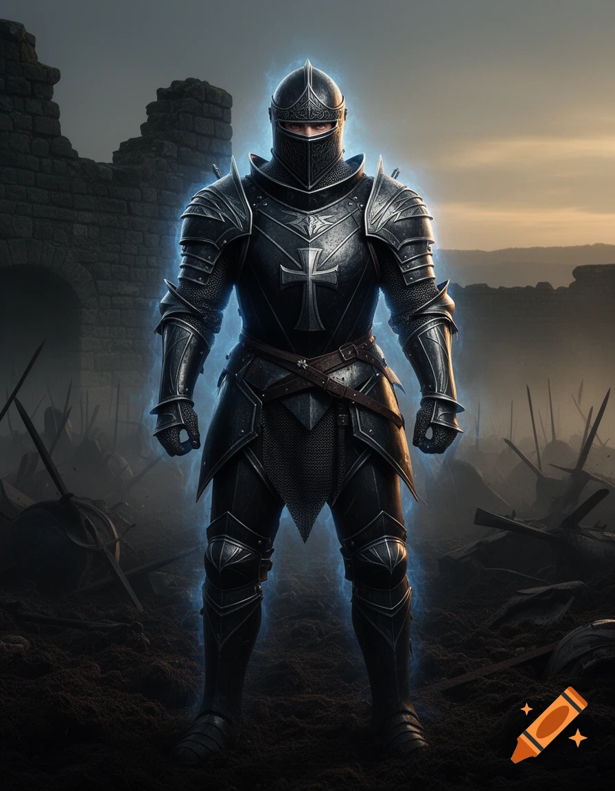 A menacing Templar knight in black and silver armor with a blue aura stands on a battlefield with ruins.