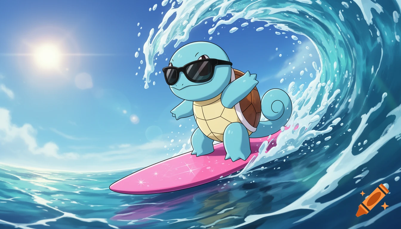 Cartoon Squirtle wearing sunglasses surfs a large wave on a pink surfboard under a sunny blue sky.
