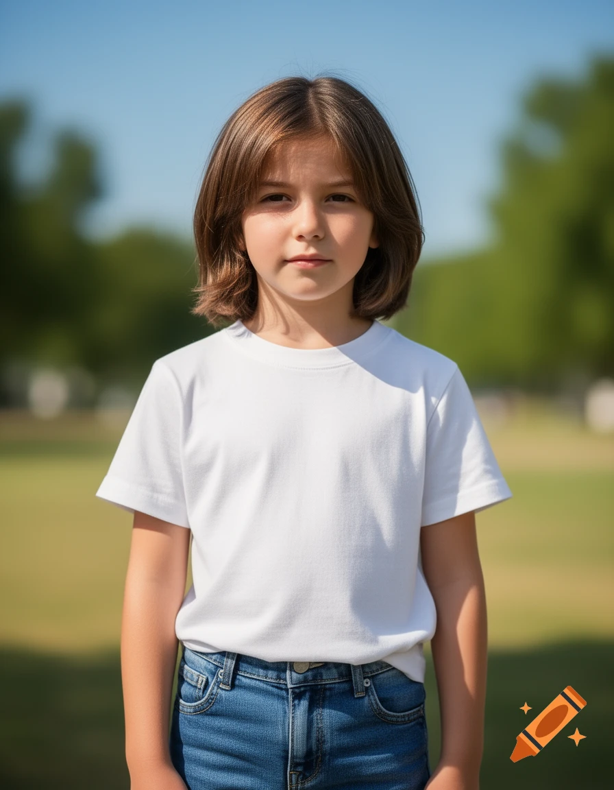 A young child with brown shoulder-length hair wears a white t-shirt and blue jeans while standing outdoors.