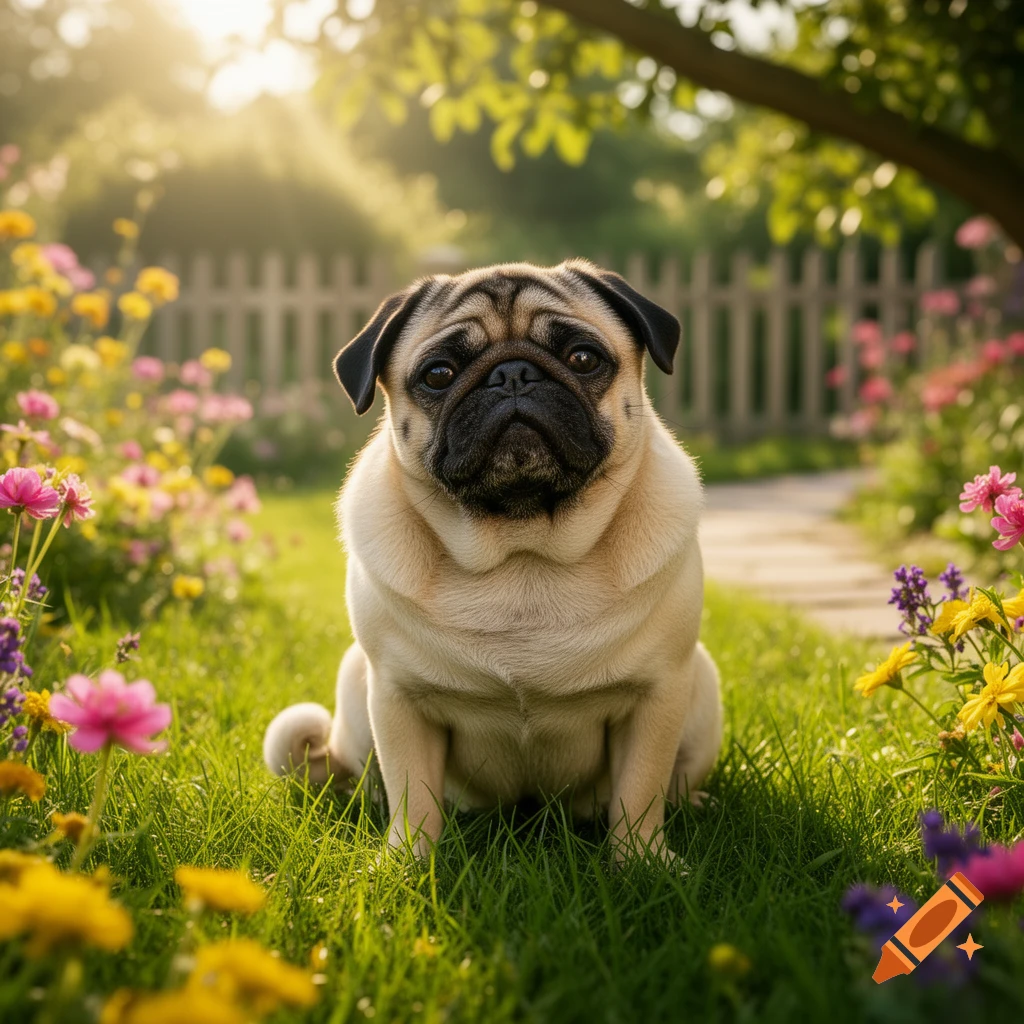 A cute pug sits facing forward in a vibrant, sunlit garden surrounded by colorful flowers and green grass.