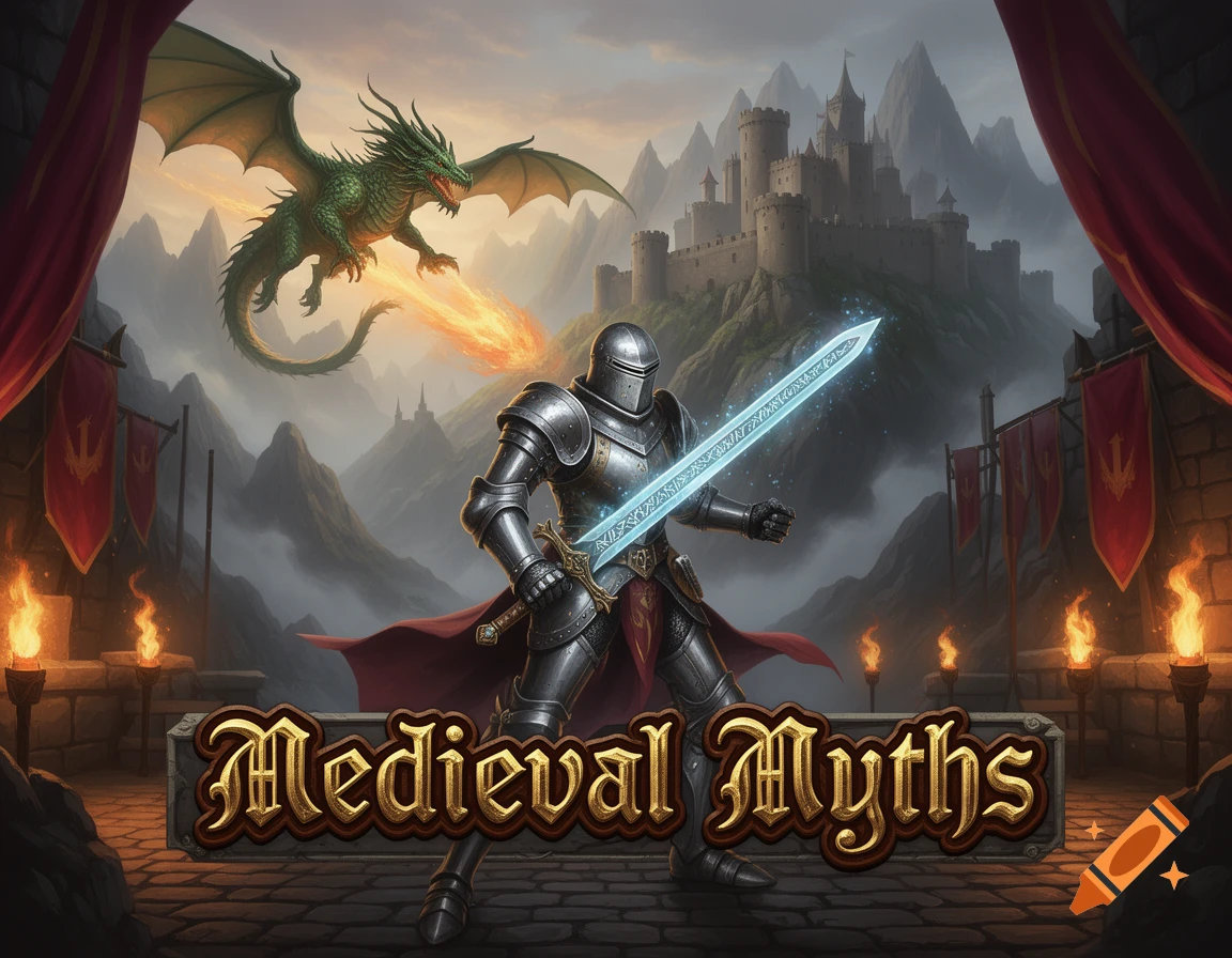 An epic medieval fantasy game cover featuring a knight with a glowing sword and a fire-breathing dragon, with a castle in the misty mountains behind them. The title "Medieval Myths" is at the bottom.
