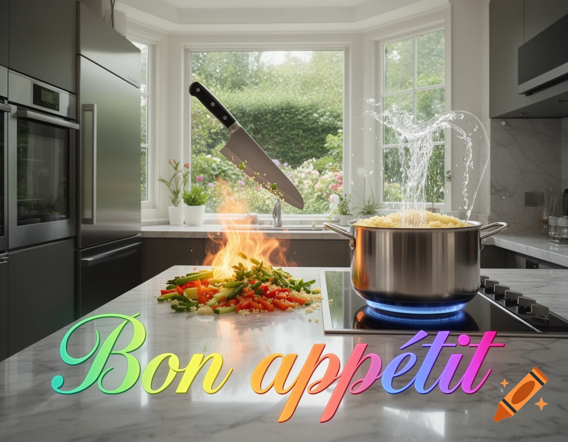 A modern kitchen scene with a pot of couscous boiling, water splashing, a knife hovering over flaming vegetables, and 'Bon appétit' text.