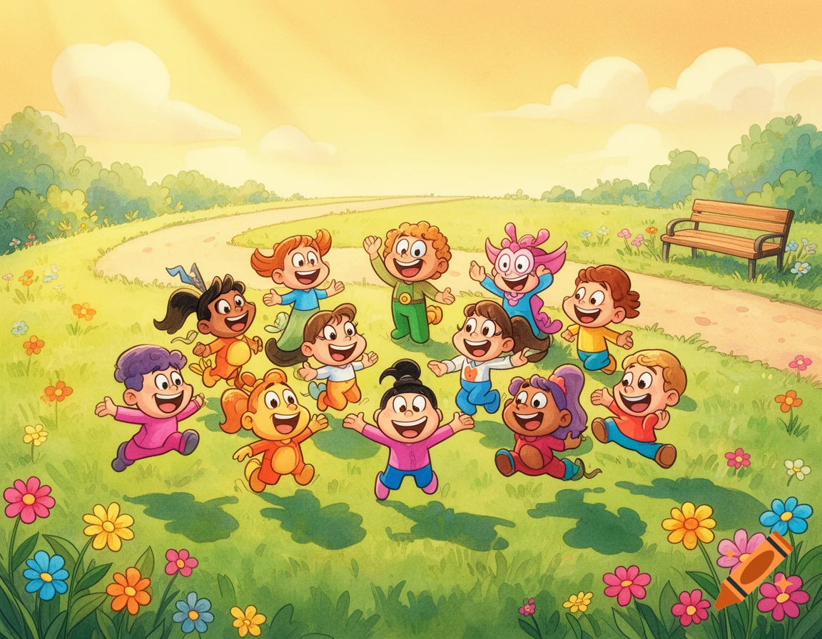 Colorful cartoon children smiling and playing in a sunny park, rendered in a bright picture book style.