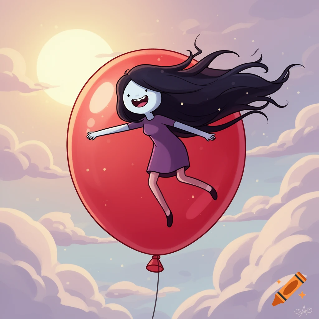 Marceline from Adventure Time floats in the sky with a large red balloon, sun glowing, in cartoon style.