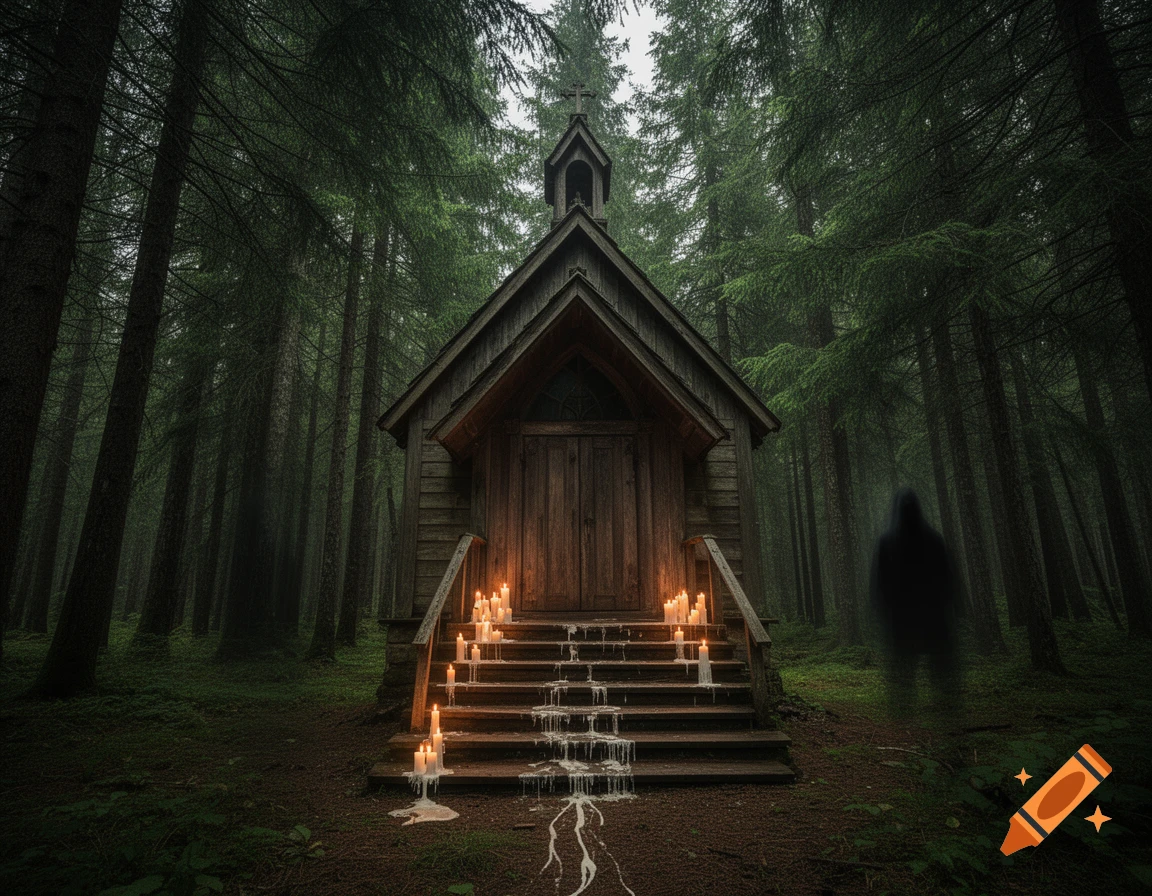 A mysterious wooden chapel with lit candles and dripping wax on its steps, standing in a dense, misty forest with a faint ghostly figure.