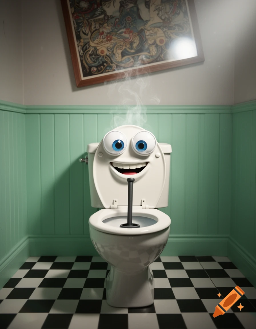 Cartoon toilet with big eyes, a smile, and steam, holding a plunger, in a bathroom with green walls and a checkered floor.