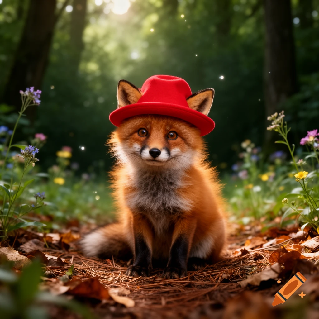 A cute, fluffy fox wearing a red hat sits on a forest floor amidst leaves and pine needles, with a soft, green background.