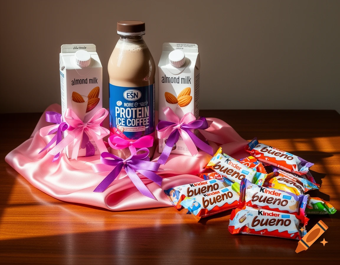 A gift arrangement on a wooden table with pink silk, featuring a bottle of protein ice coffee, two almond milk cartons with ribbons, and Kinder Bueno chocolates.