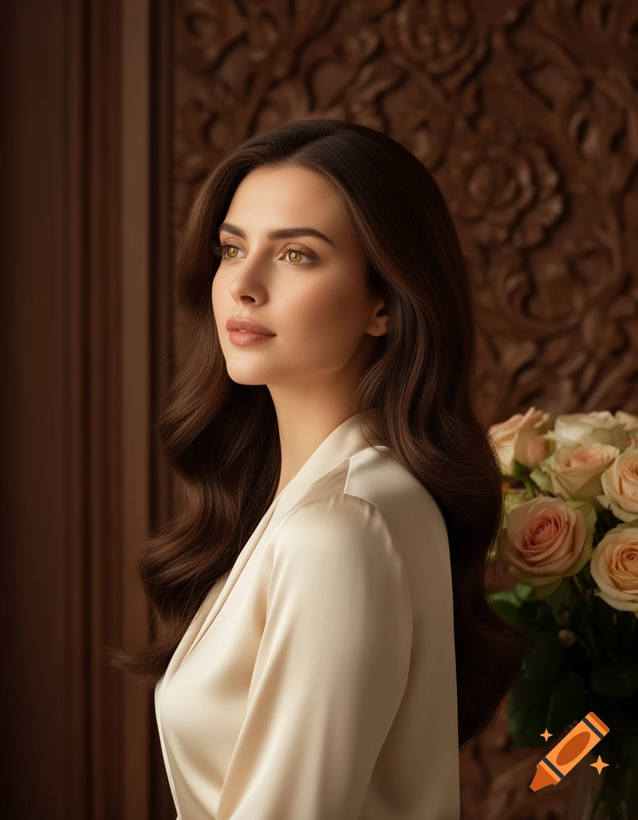 A photorealistic portrait of a beautiful brunette woman with long wavy hair, wearing a cream blouse, looking thoughtfully to the left. Roses are visible on the right with an ornate carved brown background.