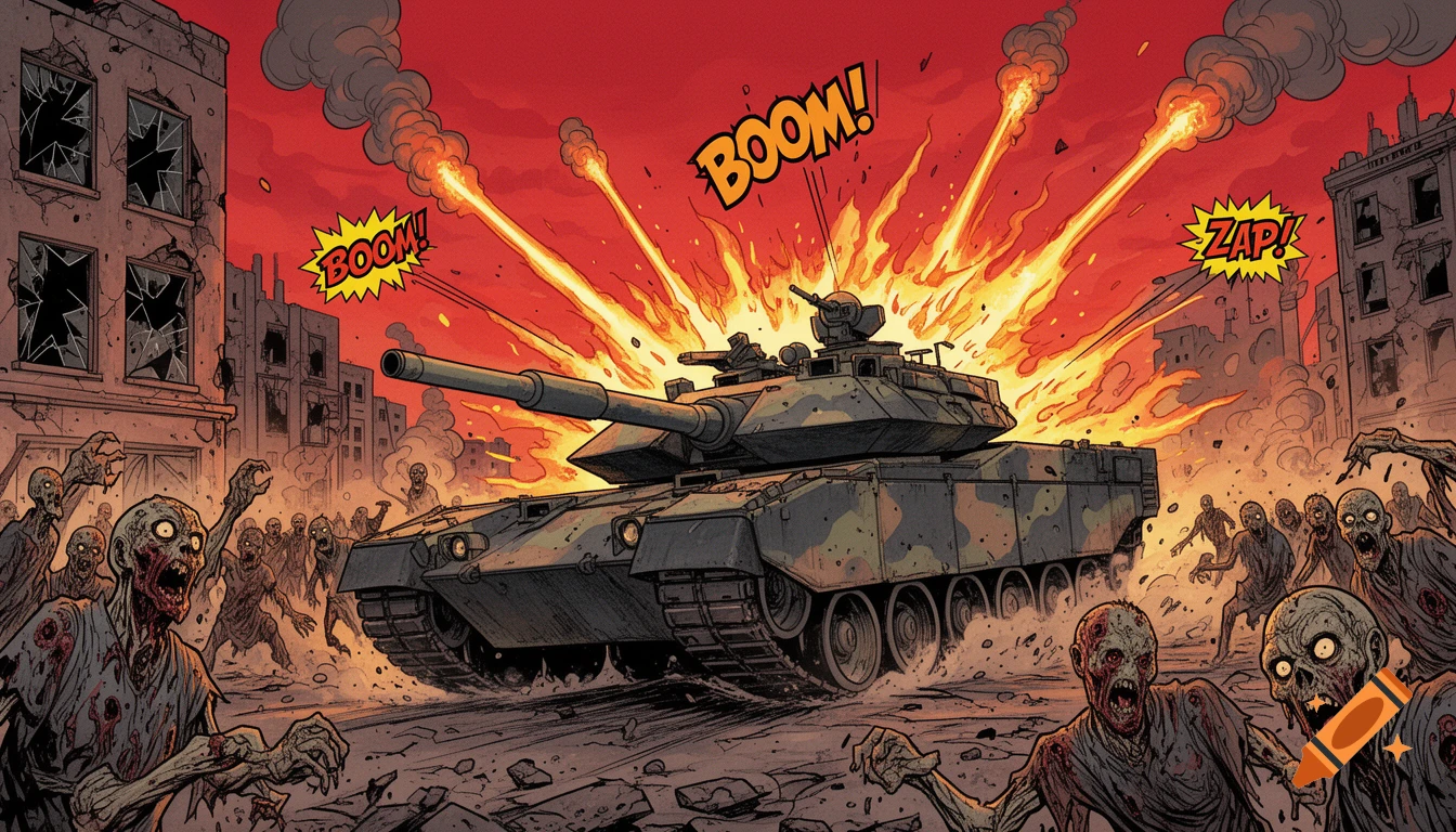 A comic art style illustration of a tank firing on a horde of zombies in a destroyed city street, with 'BOOM!' and 'ZAP!' sound effects.