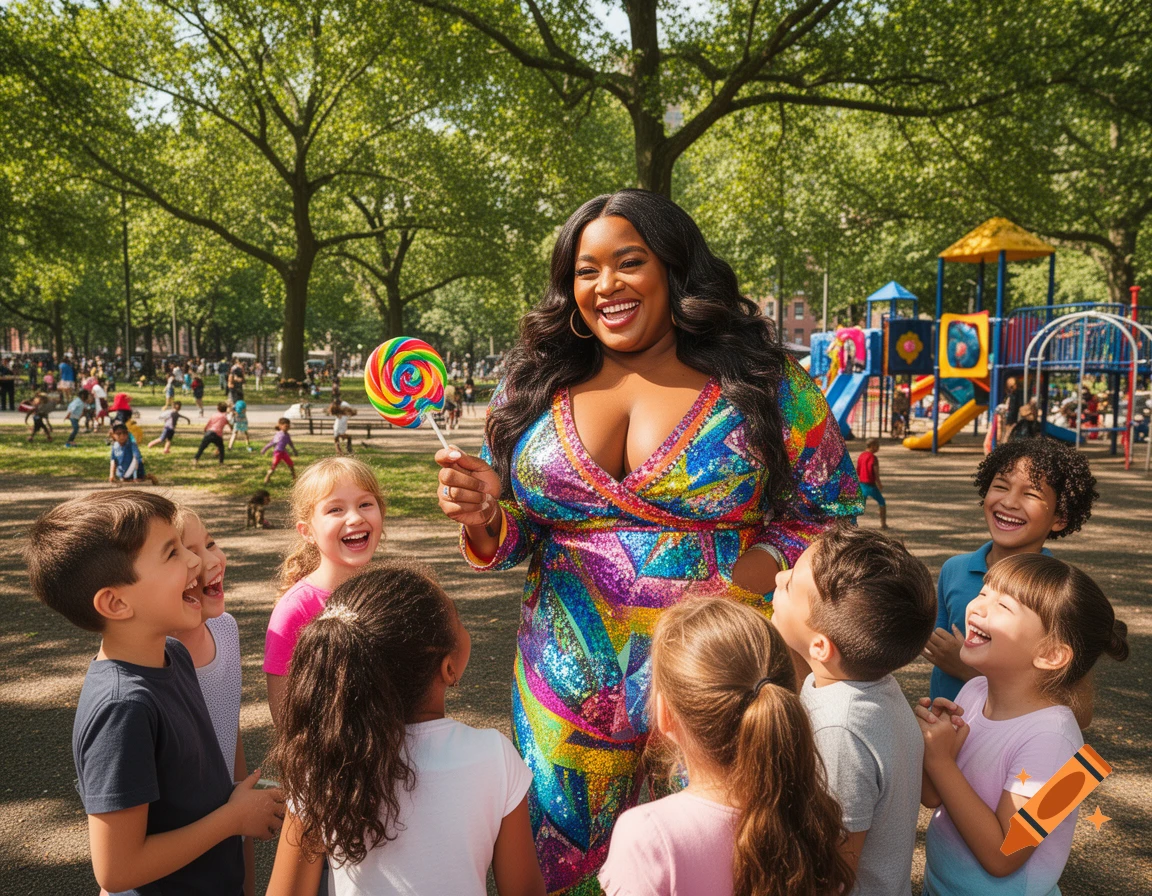 A smiling woman in a colorful sequined dress holds a giant lollipop while laughing children gather around her in a sunny park with a playground.