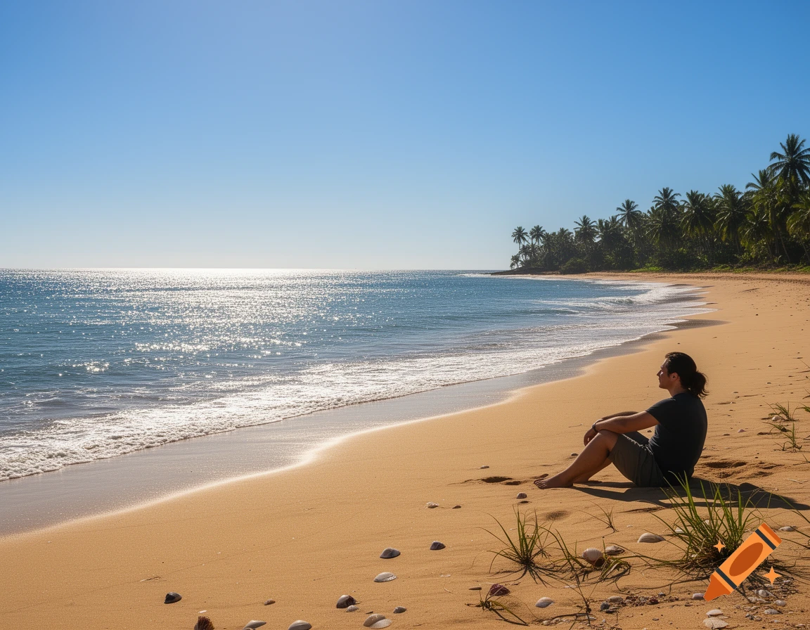 A person sits on a sandy beach looking out at the ocean under a clear blue sky, with palm trees in the background.