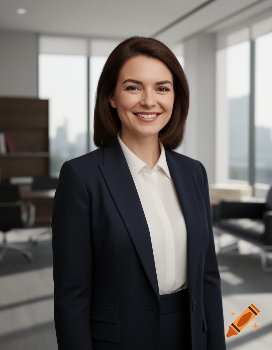 Photorealistic portrait of a smiling brunette woman in a dark business suit and white shirt in a modern office.