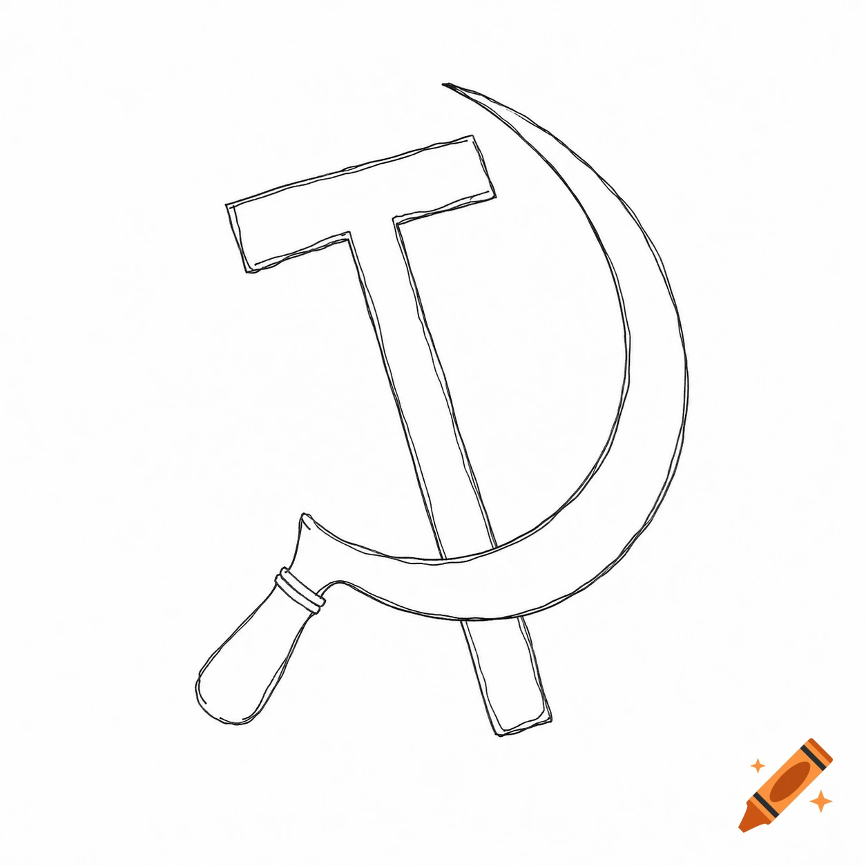 Black line art sketch of the hammer and sickle political symbol on a white background, in a hand-drawn style.