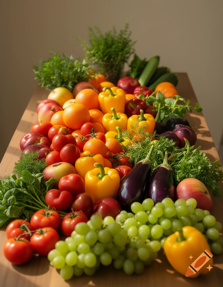 A vibrant assortment of fresh fruits and vegetables, including bell peppers, tomatoes, oranges, grapes, and eggplants, on a wooden table.
