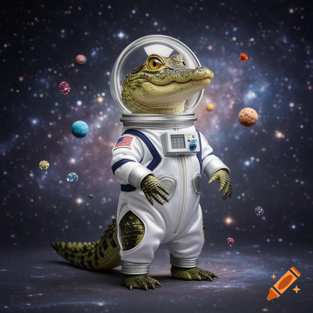 A cute alligator wearing a white and blue space suit with an American flag patch, standing in outer space with stars and small planets in the background.