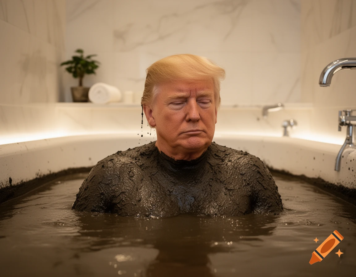 Donald Trump in a mud bath, with his eyes closed, in a white modern bathroom.