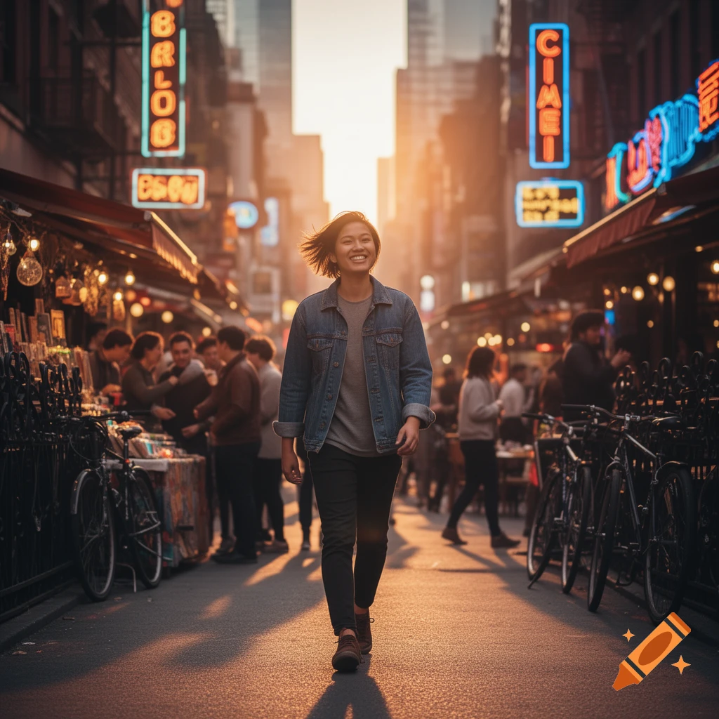 A smiling person walks on a sunlit city street with market stalls and glowing neon signs, photorealistic.