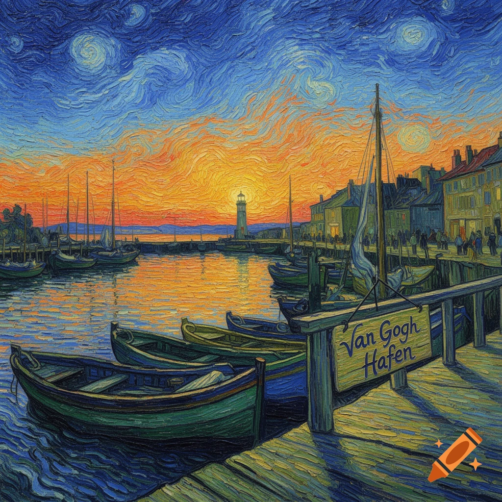 Van Gogh style painting of a vibrant sunset over a bustling harbor with boats, buildings, and a distant lighthouse under a starry sky.