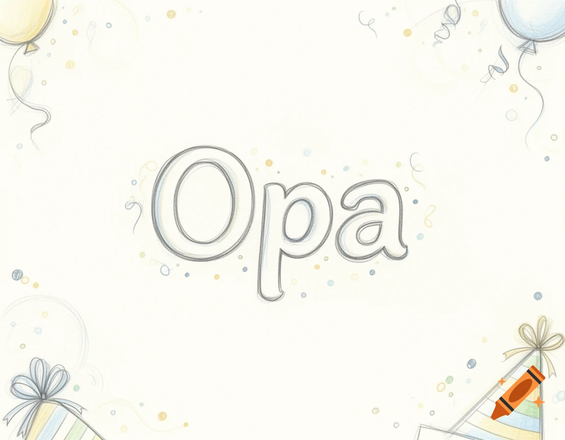 A light sketch-style birthday card featuring the word "Opa" in the center, surrounded by balloons, a gift, and a party hat.