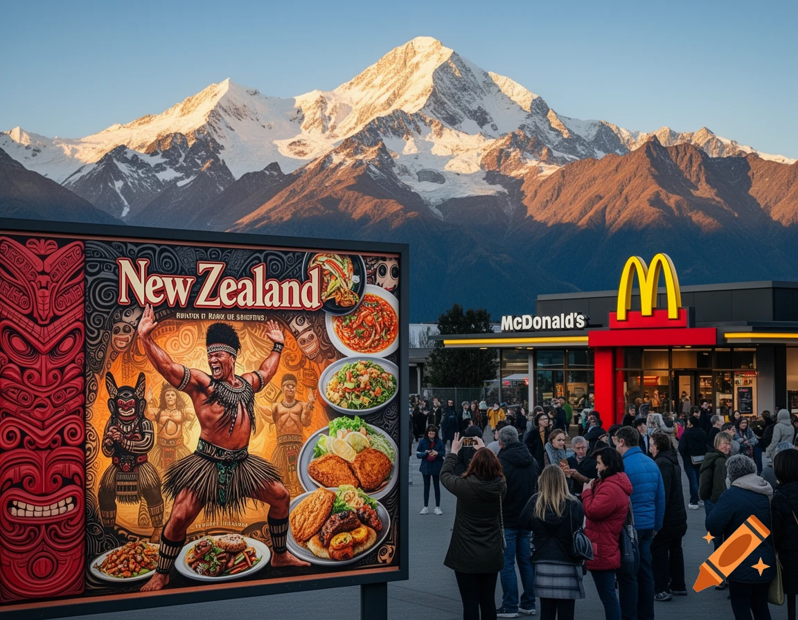 Photorealistic image of a New Zealand billboard with a Maori Haka performer and food, set against snow-capped mountains and a McDonald's restaurant with a crowd of people.