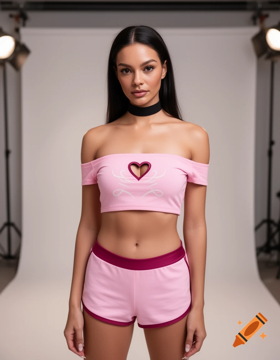 A woman in a black choker, pink off-the-shoulder crop top with heart cutout, and pink shorts stands in a studio.