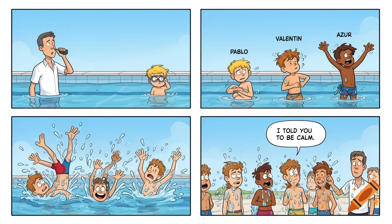 A four-panel cartoon comic strip showing a swimming teacher calmly observing three boys causing chaos and splashing water in a school swimming pool.