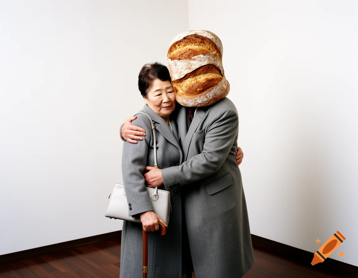 Elderly Japanese woman in a gray coat, holding a walking stick and handbag, embraces a person with loaves of bread for a head, in a photorealistic style.