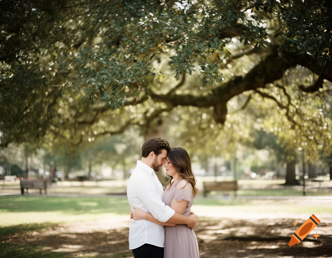 A man and woman embrace under a large tree in a sunny park, a romantic moment captured in a photorealistic style.