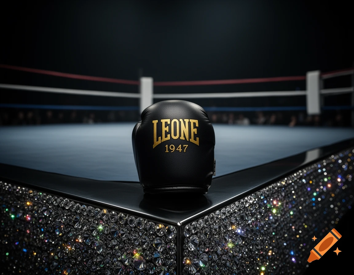 A black boxing glove with 'LEONE 1947' in gold sits on a sparkling, diamond-encrusted boxing ring corner, with a dark boxing ring in the background.