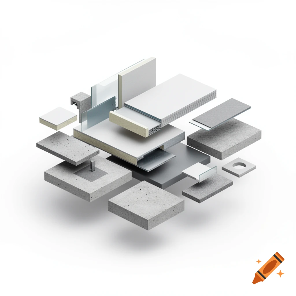 Isometric exploded view of floating concrete slabs, insulation, glass, and metal construction materials on a white background.