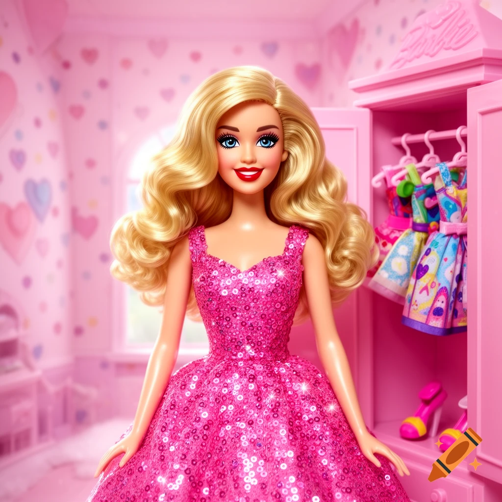 A photorealistic Barbie doll in a pink sequined dress, standing in a pink room with a closet of colorful clothes.