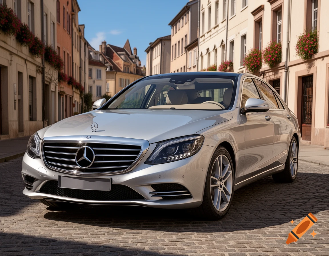 A silver Mercedes sedan parked on a cobblestone street in a European town with multi-story buildings and flower boxes.