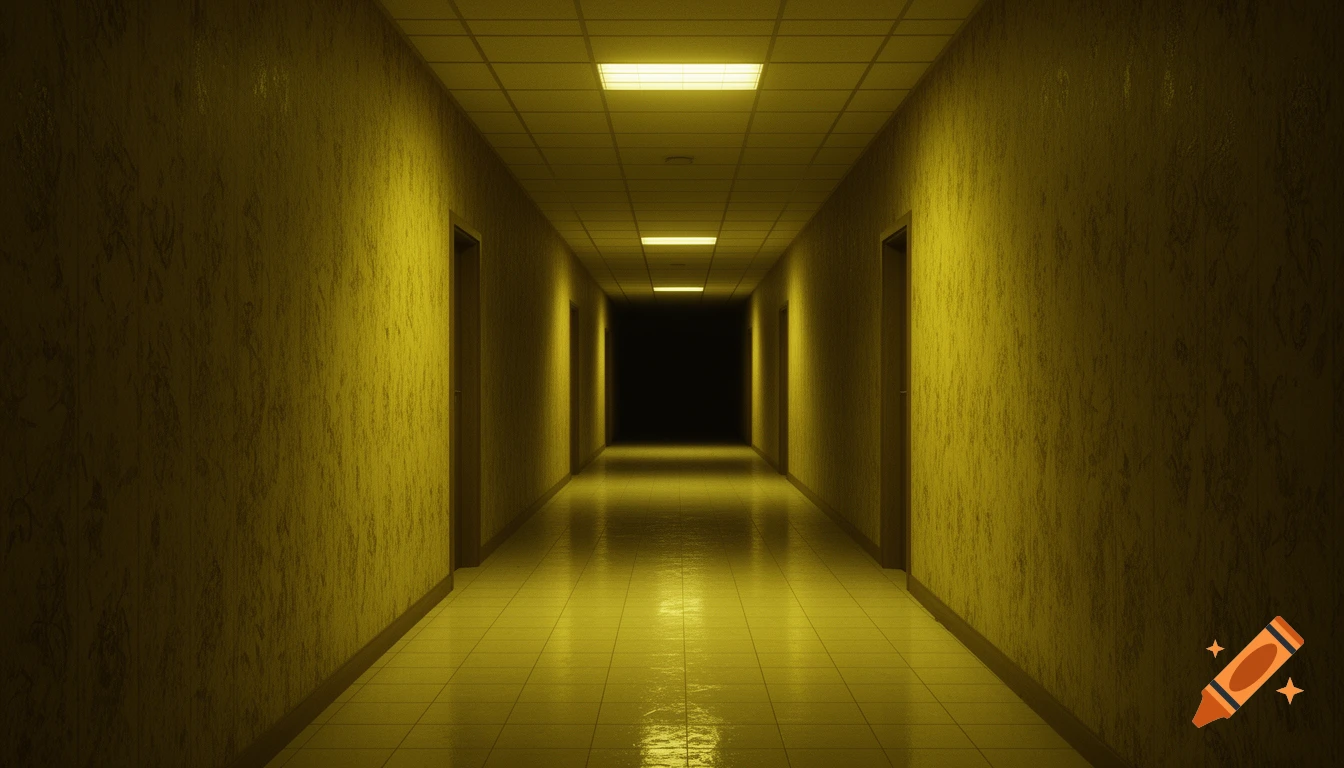 A long, eerily lit hallway with yellow walls, tiled floors, and fluorescent lights, leading into a dark void.