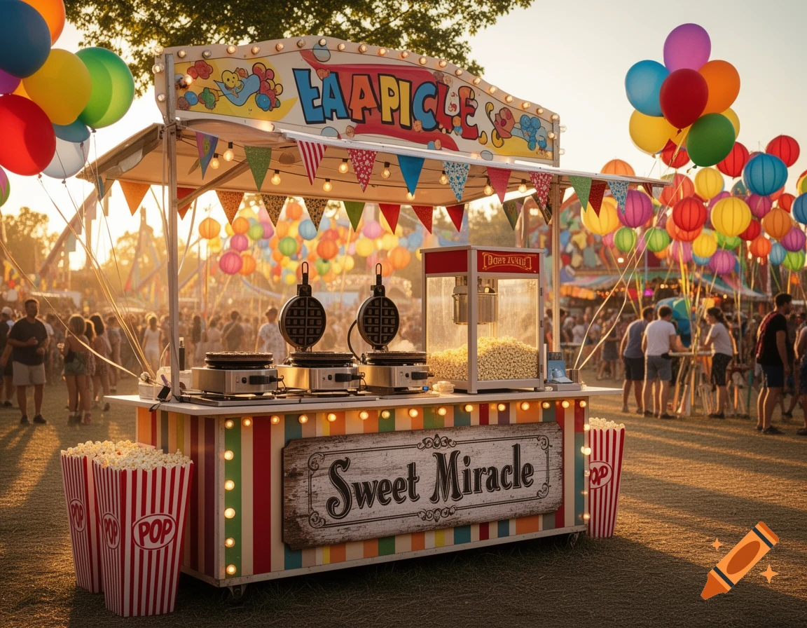A colorful waffle and popcorn stand with balloons at a bustling summer festival with a sign that reads "Sweet Miracle" and "EAAPICKE".