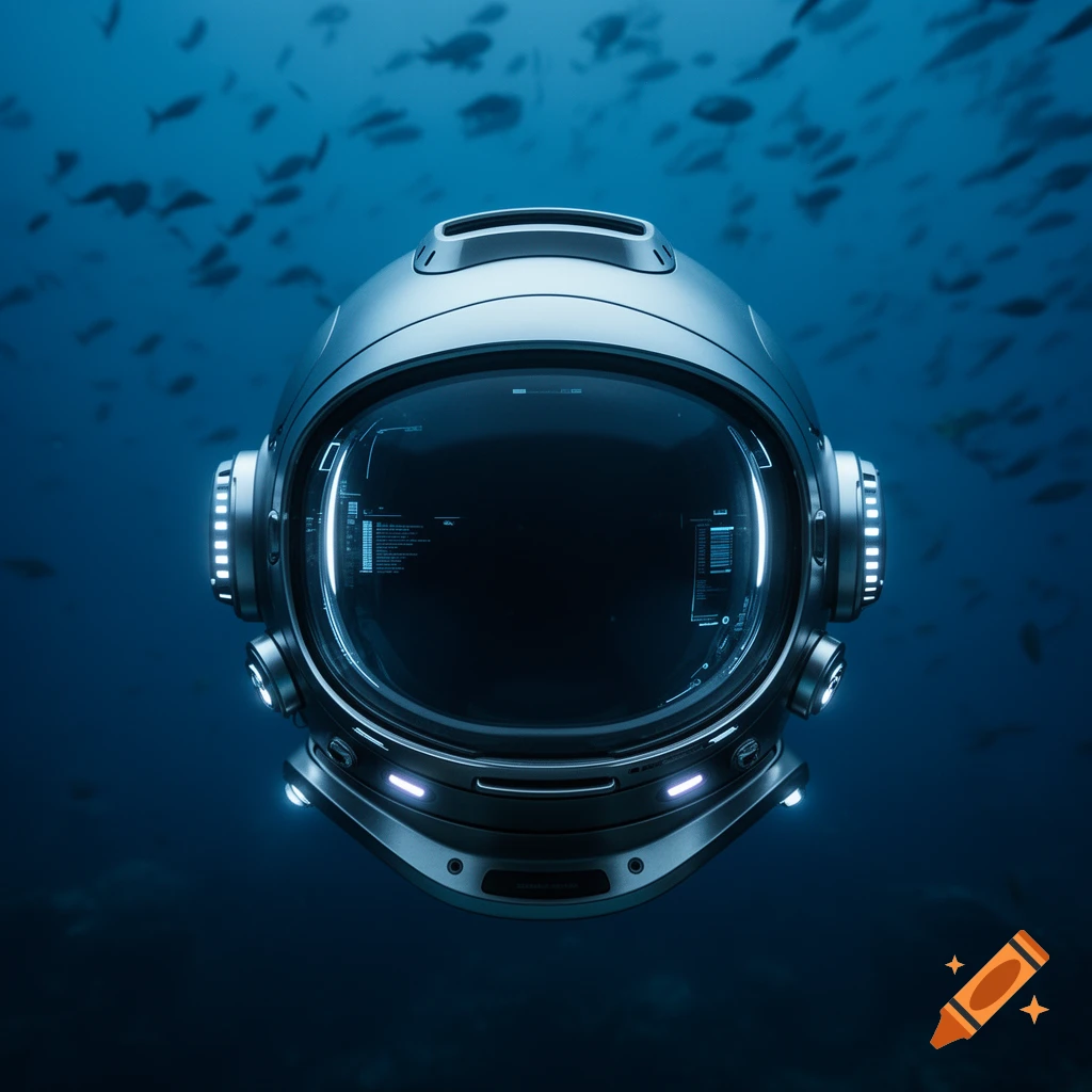 A detailed futuristic diving helmet with glowing screen displays underwater, surrounded by blurry schools of fish.