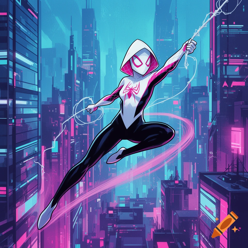Spider-Gwen in her white, pink, and black suit swings through a vibrant, neon-lit cityscape in a comic book art style.