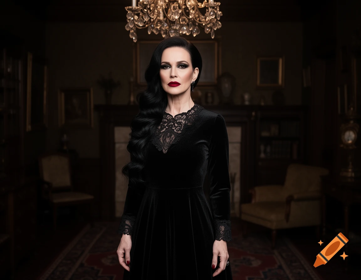A photorealistic portrait of a woman with long dark wavy hair, red lipstick, and a black velvet and lace dress standing in a gothic room.