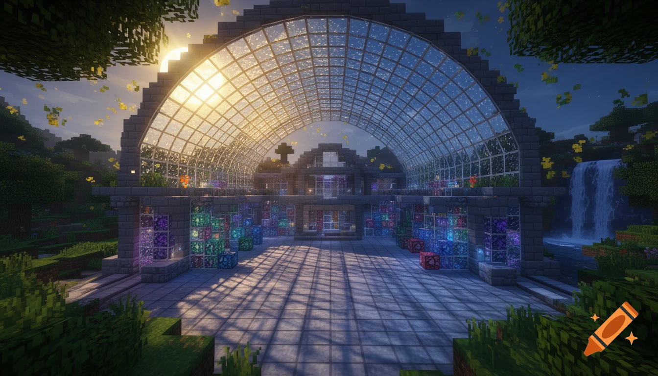 A Minecraft-style greenhouse with a large glass arched roof, showcasing a sunset and a waterfall in the background, surrounded by lush blocky trees.