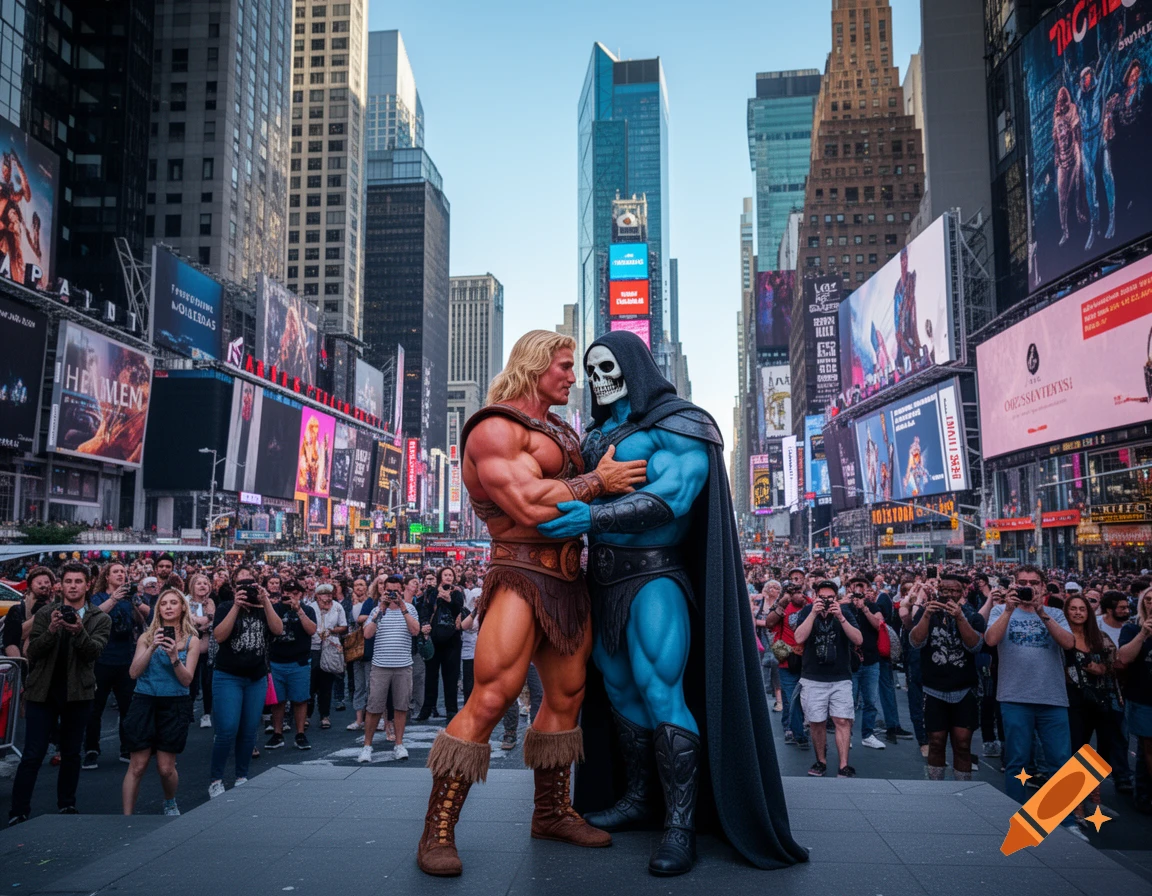Photorealistic image of He-Man and Skeletor embracing in Times Square, surrounded by a crowd and billboards.