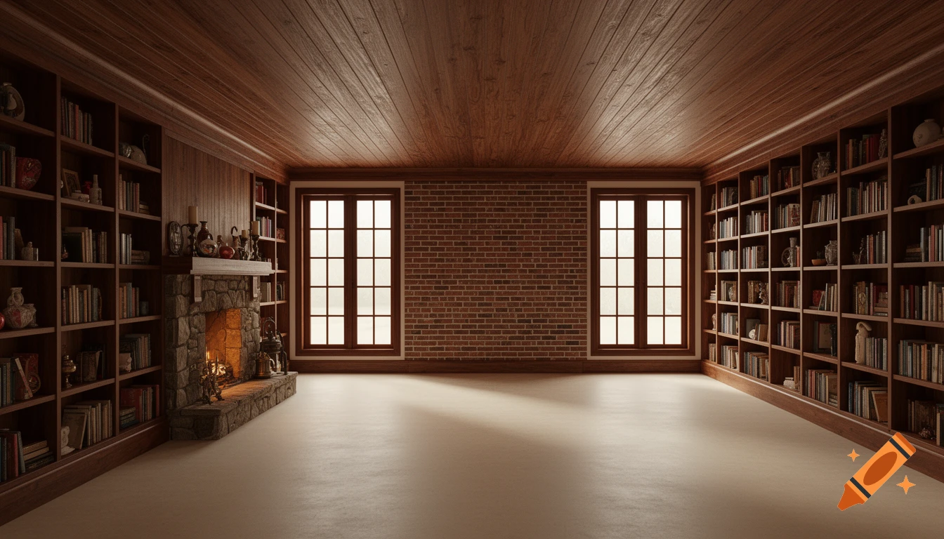 Photorealistic empty library with wooden ceilings, built-in bookshelves, a stone fireplace, two windows, and a brick accent wall.