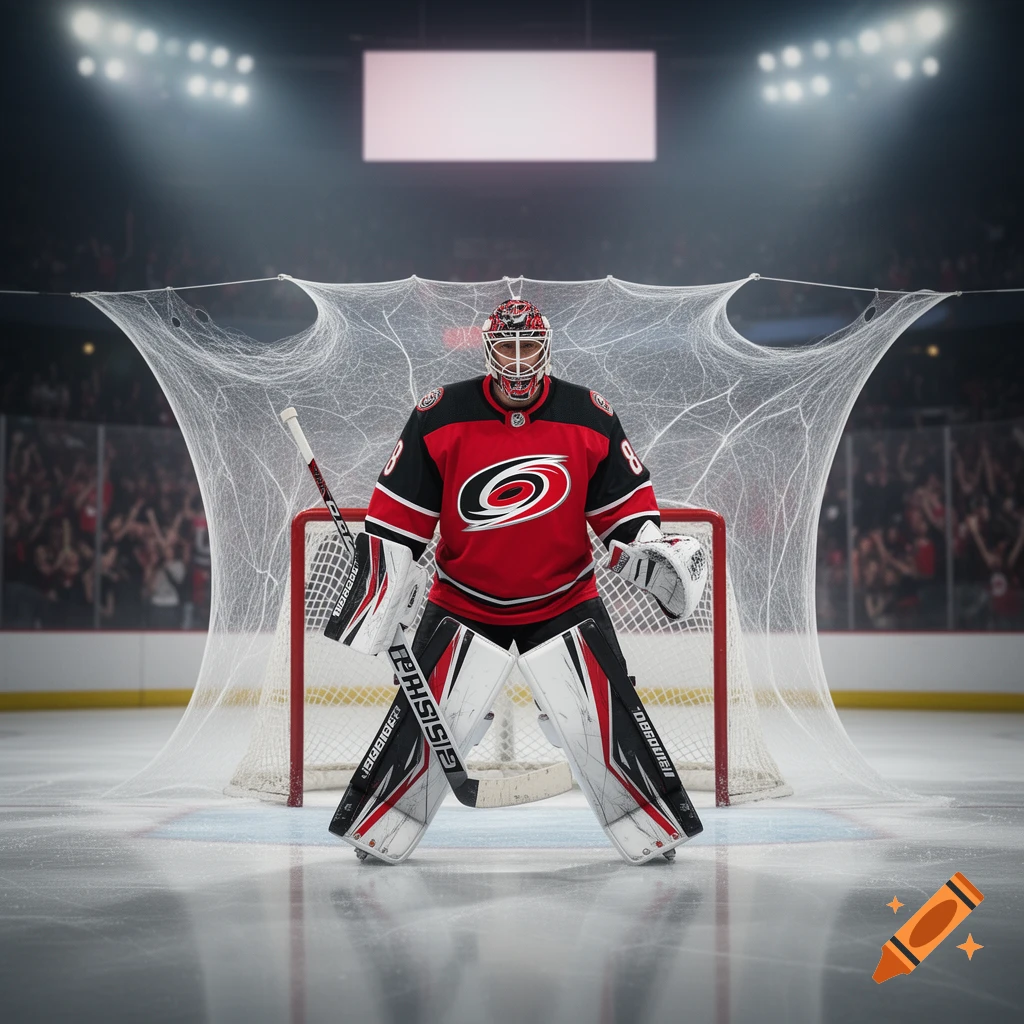 A photorealistic image of a hockey goalie in a red and black Carolina Hurricanes jersey standing in front of a net on ice in an arena.