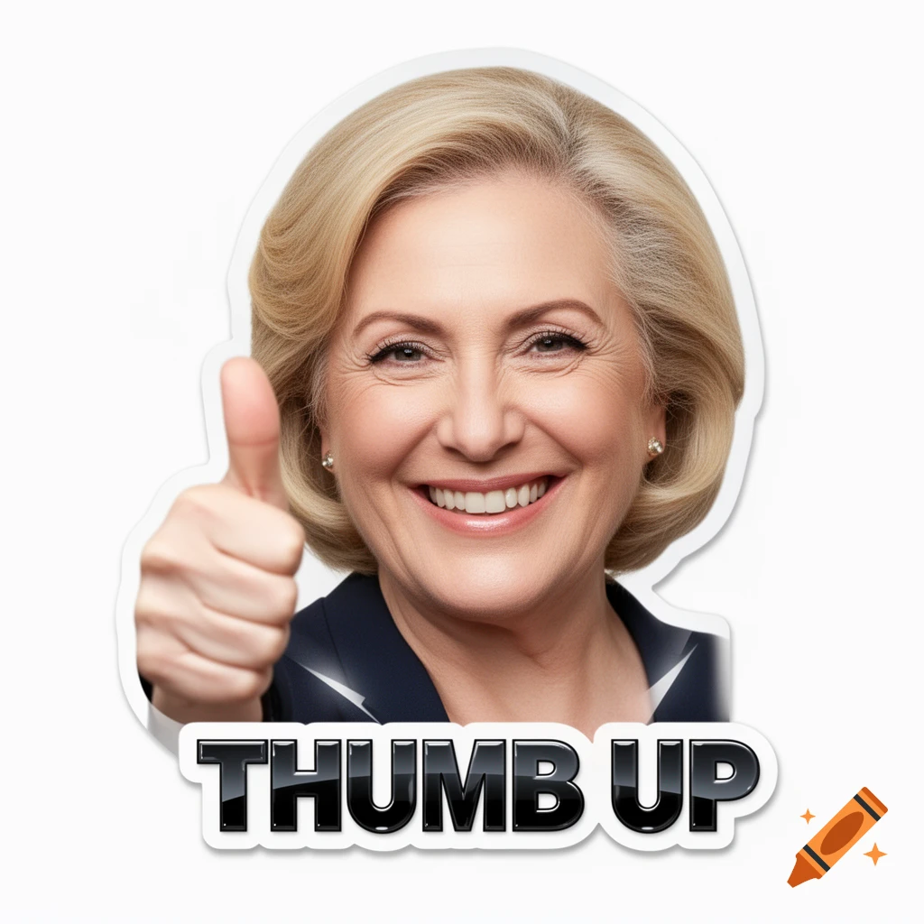 A smiling blonde woman gives a thumbs up, with 'THUMB UP' text below, rendered as a sticker.
